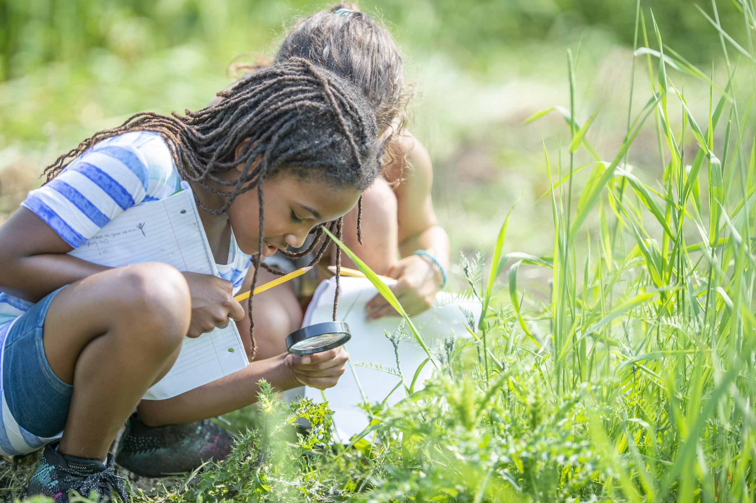 Two female Elementary students look through the grass with magnifying glasses as they explore their surroundings during n outdoor science class.  They are both dressed casually and have paper and pencils in hand to record what they see.